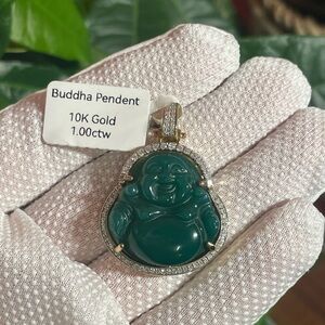 10K Gold Green Buddha Pendant with Diamond Halo